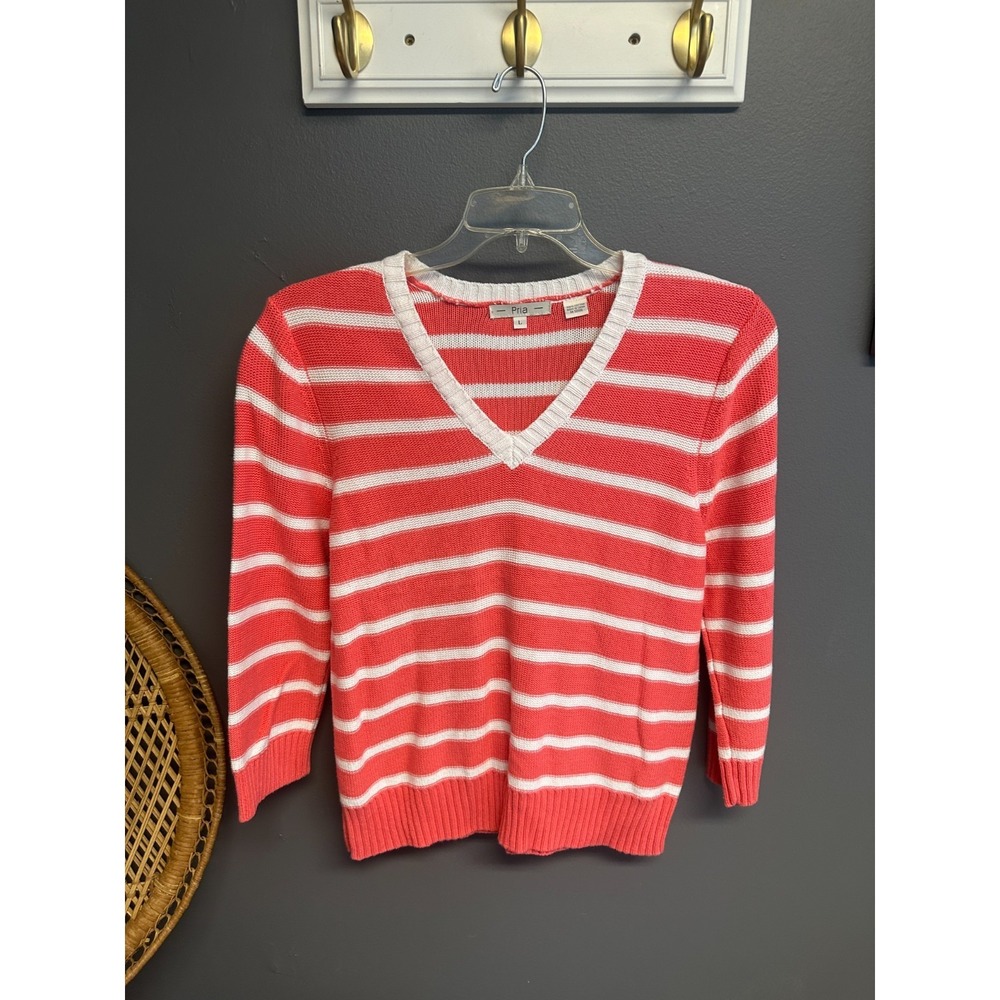 Pria Sweater Womens Size L Coral Striped Knit V-Neck Top Coastal Casual Cotton